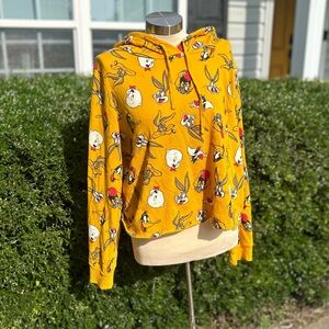 VINTAGE Looney Tunes Women Sweatshirt L Yellow  SlightCropped Hoodie Long Sleeve